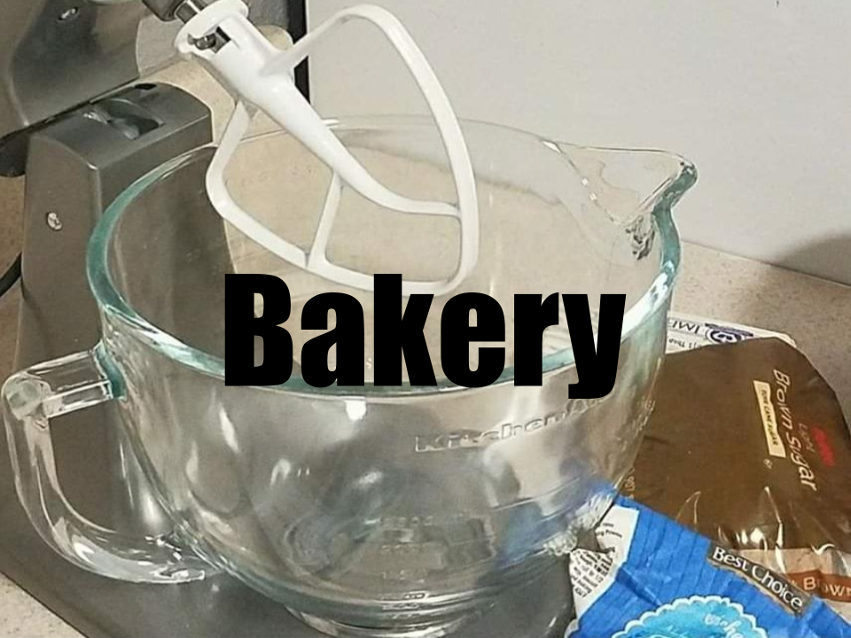 Stand mixer and baking ingredients with Bakery superimposed